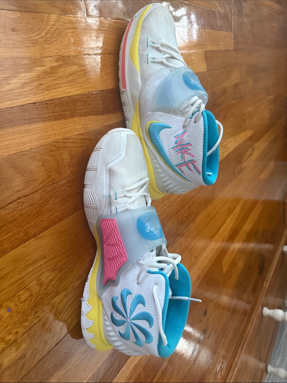 White Men's Athletic Sneakers with Teal, Pink & Yellow Accents